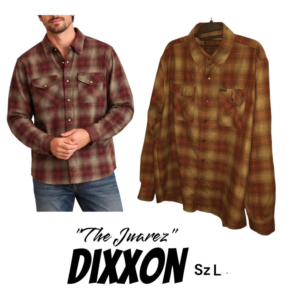 Dixxon The Juarez Sz L Red Plaid Long Sleeve Snap Button Up Logo Fall Flannel